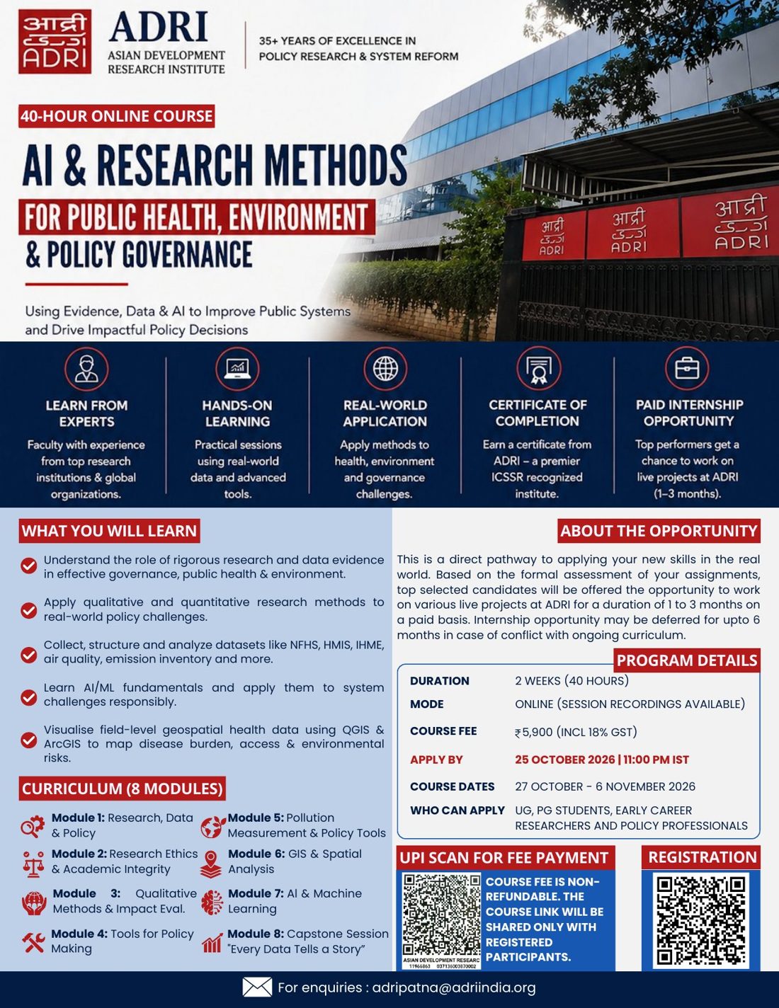 ADRI 40-hour online course: AI & Research Methods for Public Health, Environment & Policy Governance, 27 October - 6 November 2026. Apply by 25 October 2026.